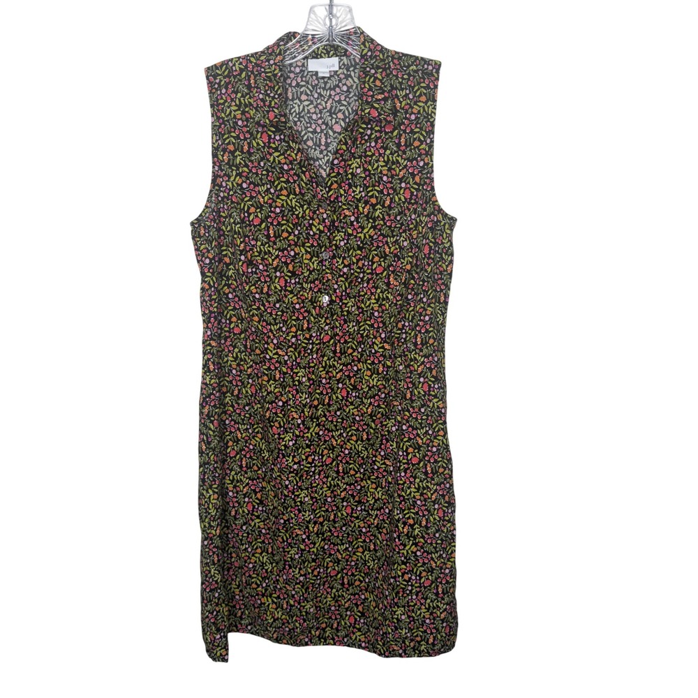 J. Jill Womens Medium Floral Sleeveless Rayon‎ Shift Dress Collared Black Multi